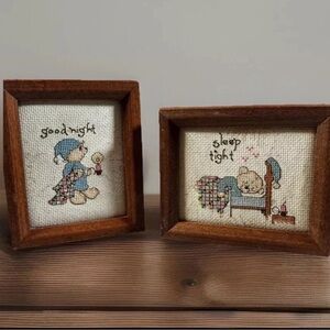 Vtg. Framed Needlepoint Goodnight Sleep Tight Teddy Bear SUNSET /Barbara Yates